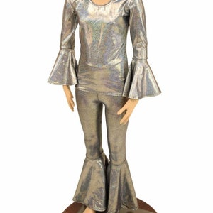 Girls Silver Holographic Sparkly Bell Bottom Flares and Trumpet Sleeve Full Length Top Set Disco Costume Sizes 2T 3T 4T and 5-12 - 156434