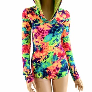 Neon UV Glow Acid Splash Print Long Sleeve Hoodie Romper with Lime Holographic Hood Lining and Boy Cut Leg 154091