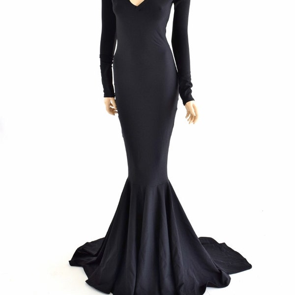 Black Zen Soft Knit Morticia V-Neck Gown with Long Sleeves and Puddle Train