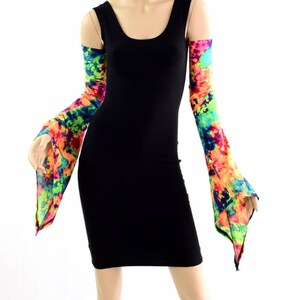 May include: A black sleeveless dress with colorful tie-dye arm warmers. The arm warmers have a bright, abstract pattern with shades of pink, orange, yellow, green, and blue.
