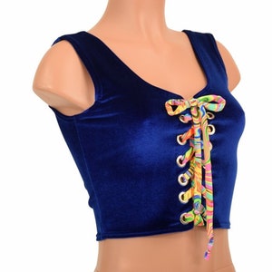 Sapphire Velvet Lace Up Tank Style Sleeveless Crop Top with UV GLOW Neon Flux Ties - 156020