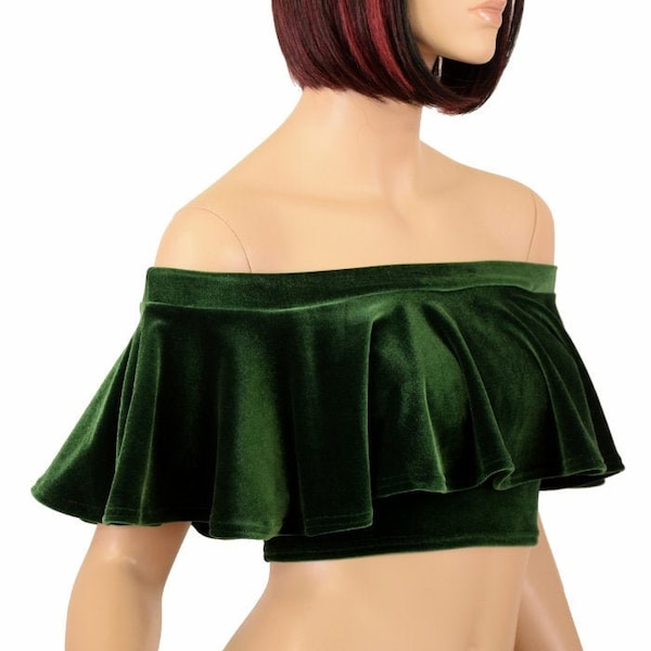 Forest Green Velvet Off Shoulder Crop Top - 156713