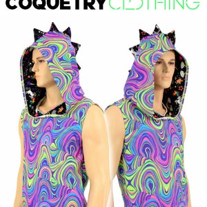 May include: Sleeveless hooded shirt with a colorful psychedelic swirl pattern. The hood has a black and white print with stars and a unicorn. The shirt has a black and white print with stars and a unicorn.
