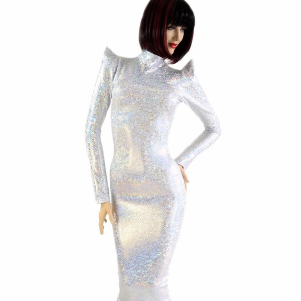 Silver on White Shattered Glass Sharp Shoulder Gown with Turtle Neck, Back Zipper, Long Sleeves and Puddle Train - 154170