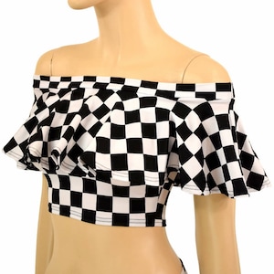 Black White Checkered Print off Shoulder Crop Top 155125 Etsy