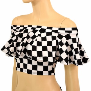 Black & White Checkered Print Off Shoulder Crop Top  - 155125