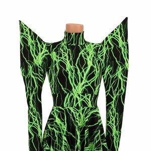 Mega Sharp Shoulder UV GLOW Green Lightning Print Turtle Neck Skater Dress - 156097