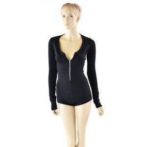 Black Soft Knit Zipper Front Long Sleeve Romper with Silver Zipper (No Hood) 152264