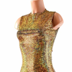 Full Length Sleeveless Holographic Top With Crew Neckline in Gold on ...