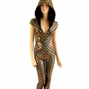 Hooded catsuit with cap sleeves and bodice zipper.  Created in Gold Dragon Scale with Black Zen Hood Liner - 151070