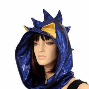 Blue Sparkly Jewel Short Self-Lined Hedgehog Festival Hood with Spikes & Cat Ears lined with Gold Sparkly Jewel - 155512