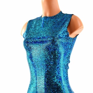 Full Length Sleeveless Holographic Top with Crew Neckline in Turquoise on Black Holographic - 153996