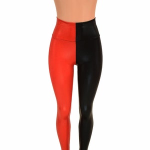 May include: Red and black high-waisted leggings with a vertical split down the center.