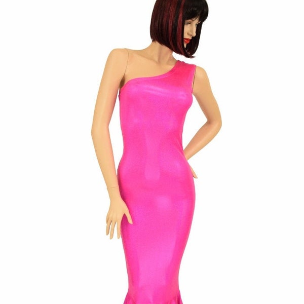 NEON UV Glow Pink Holographic Sleeveless One Shoulder Gown with Puddle Train - 156279