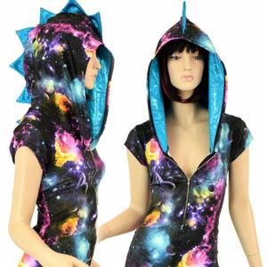 Zipper Front UV Glow Galaxy Dragon Cap Sleeve Hoodie Romper With Peacock Blue Spikes and Hood Liner -151497