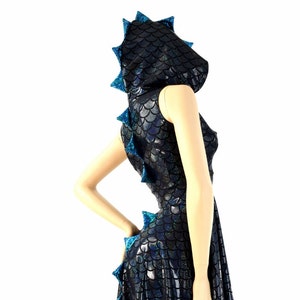 Black Dragon Scale Sleeveless Zipper Hoodie Skater Dress with Dragon Tail Hemline, Turquoise/Black Shattered Glass Spikes & HoodLiner 154198