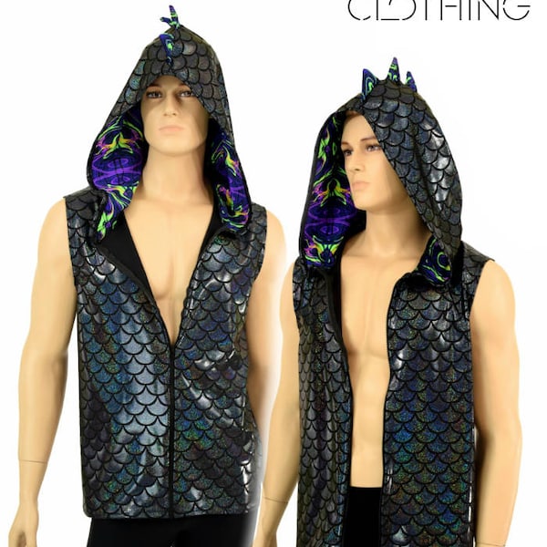 Mens Sleeveless Black Dragon Scale Zipper Front Top with UV GLOW Neon Melt Hood Lining & Spikes - 155047