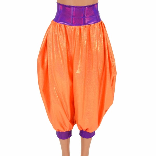 Michael Pants with Pockets in Orange Sparkly Jewel with Grape Holographic Waistband and Cuffs Festival Rave Lounge Pants - 155230