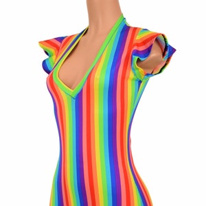 Vertical Rainbow Stripe Flip Sleeve Romper with Lime Holo V Neck and Boy Cut Leg - 155827