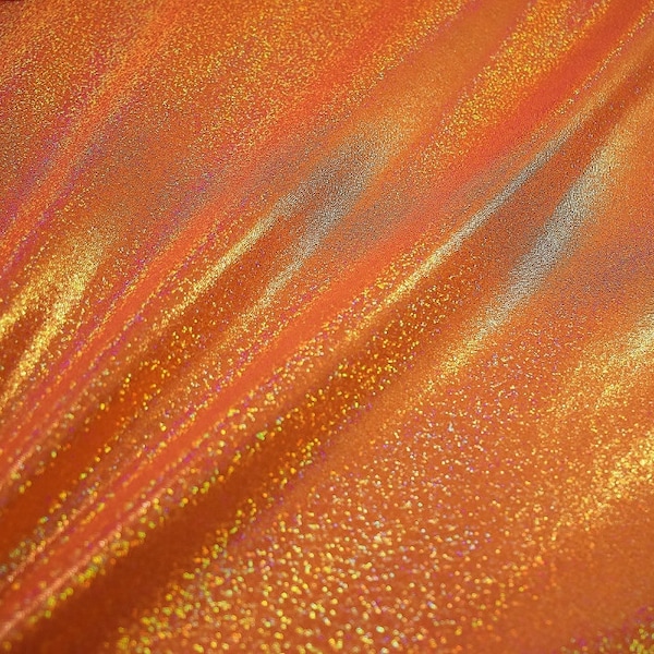 NEON Orange Sparkly Jewel Four Way Stretch Holographic Fabric (By the Yard)