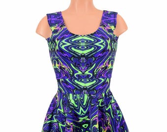 UV GLOW Neon Melt Fit and Flare Sleeveless Tank Skater Dress -