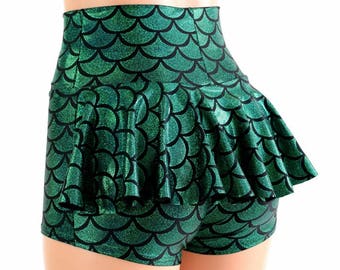 Emerald Green High Waist Ruffle Rump Dragon/Mermaid Scale Booty Shorts  154528