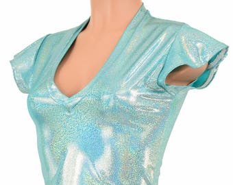 Seafoam Holographic Flip Sleeve V Neck Crop Top  -