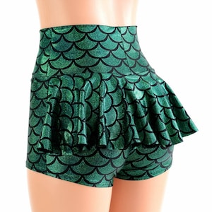 Emerald Green High Waist Ruffle Rump Dragon/Mermaid Scale Booty Shorts