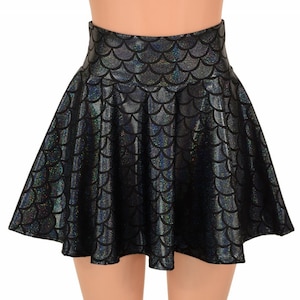 Black Dragon Mermaid Scale Holographic Metallic Circle Cut Mini Skirt   151490