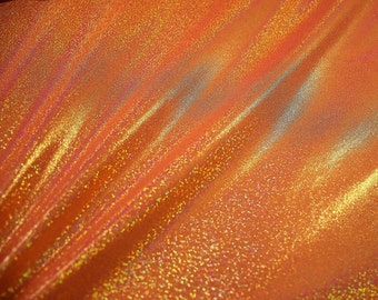 NEON Orange Sparkly Jewel Four Way Stretch Holographic Fabric (By the Yard)