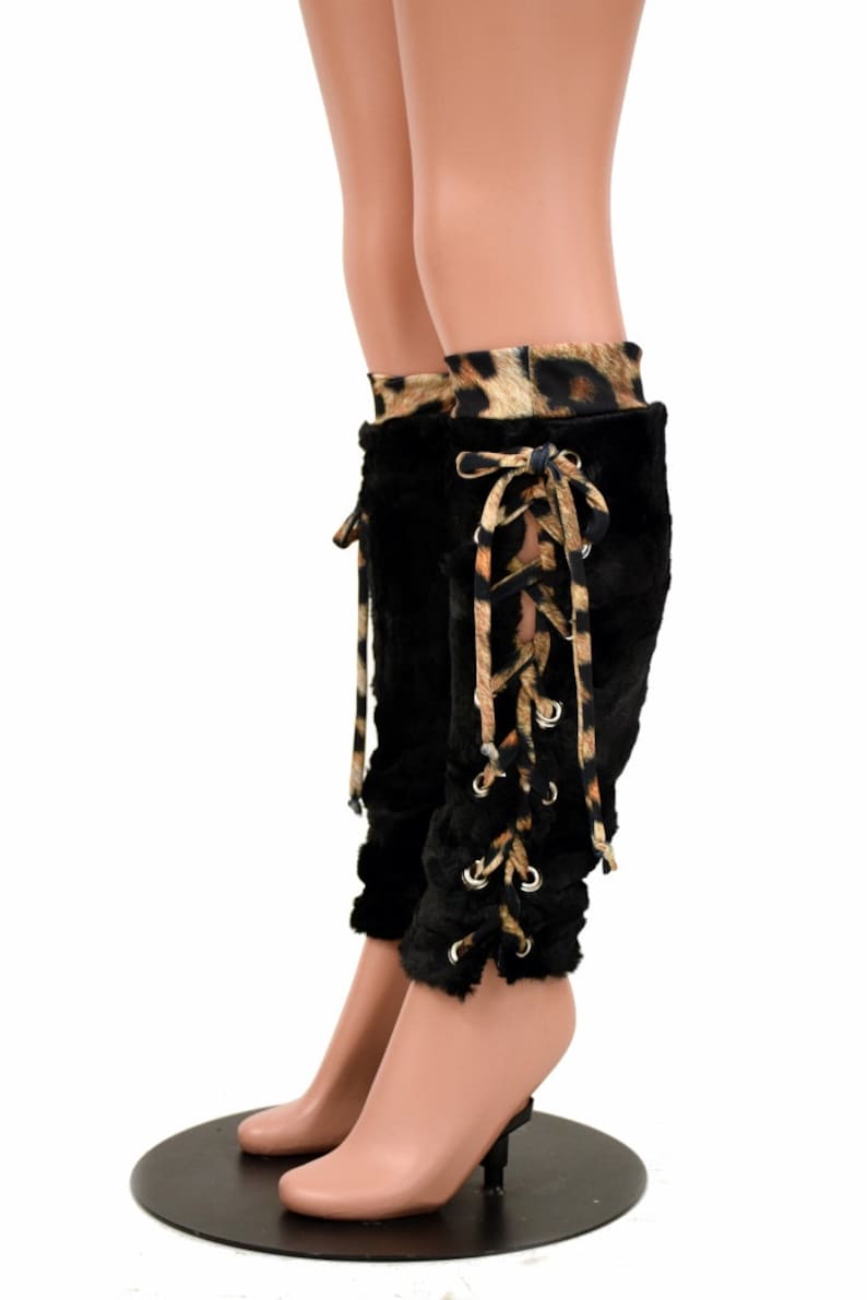 Black Minky Faux Fur Lace up Leg Warmers // Leopard Print Etsy