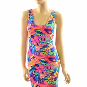 NEON Tahitian Floral Print UV Glow Spandex Bodycon Tank Dress - Etsy