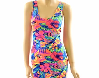 NEON Tahitian Floral Print UV Glow Spandex  Bodycon Tank Dress