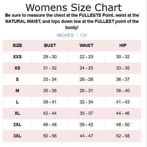 May include: A women's clothing size chart, displaying measurements in inches and centimeters. The chart details bust, waist, and hip measurements for sizes XXS to 3XL. The text provides guidance on where to measure the chest, waist, and hips.