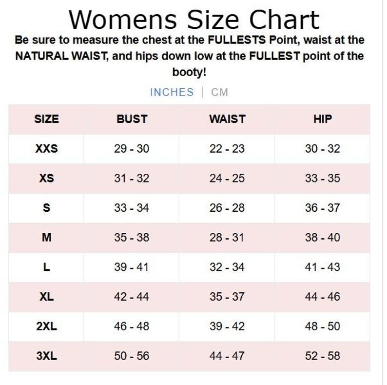 May include: A women's clothing size chart, displaying measurements in inches and centimeters. The chart details bust, waist, and hip measurements for sizes XXS to 3XL. The text provides guidance on where to measure the chest, waist, and hips.