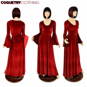 Red Stretch Velvet Renaissance Gown with Trumpet Sleeves and Scoop Neckline  - 155498