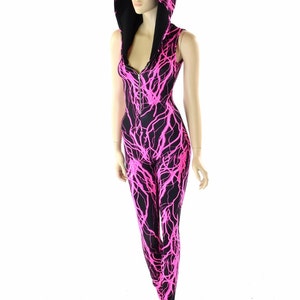 Neon Pink UV Glow Lightning Zipper Front Sleeveless Hoodie Catsuit w/Black Zen Hood Lining Rave Festival Buring Man 152298