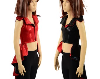 KIDS Sleeveless REVERSIBLE Crop Jacket with Tuxedo Tails and Showtime Collar. Zipper Front in Black Mystique and Red Sparkly Jewel