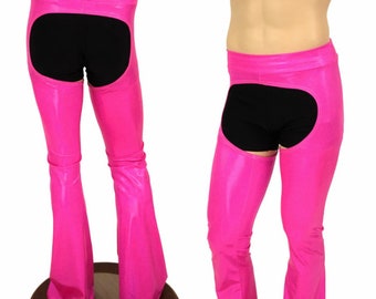 Mens Mid Rise Pink Sparkly Jewel Bootcut Spandex Chaps Rave Festival Yoga Leggings Disco (SHORTS NOT INCLUDED) - 155679