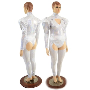 2PC White Kaleidoscope Victoria Sleeve Romper w/ Window Neckline Vneck Turtleneck combo Brazilian Cut Leg, Back Zipper and Chaps EMK15810137