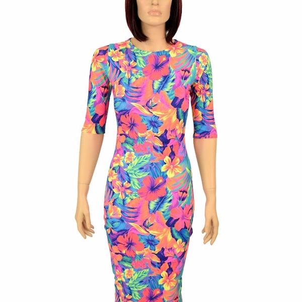 Tahití Floral Neón UV GLOW Media Manga Cuello Redondo Vestido Wiggle - 155911