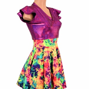 Acid Splash UV Glow Flip Sleeve V Neck Skater Dress with Fuchsia Sparkly Jewel Bodice - 155263