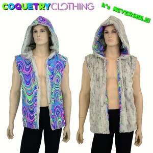 May include: A reversible hooded vest with a gray faux fur exterior and a colorful psychedelic swirl pattern on the interior. The vest has a zipper closure and a hood.