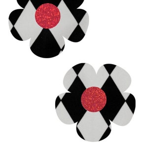Black & White Diamond Print Pasties with Red Sparkly Jewel Disks Body Stickers Rave Jester