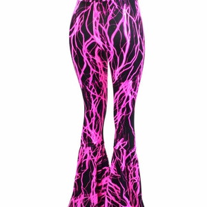 Neon Pink Lightning Print UV Glow Bell Bottom Flares Leggings with High Waist & Stretchy Spandex Fit  150955