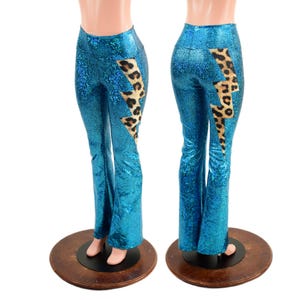 Turquoise on Black Shattered Glass High Waist Bootcut Leggings with Leopard Bolts on back/right and front/left thighs  860156