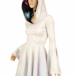 Flashbulb Holographic Trumpet Sleeve Skater Dress with Galaxy Lined Hood -155685