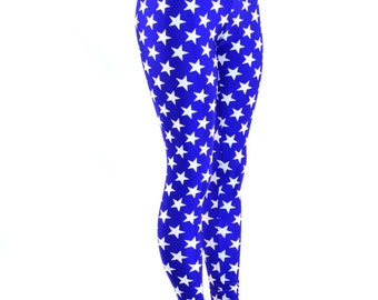 Blue and White Star High Waist Leggings with Gold Holographic Waistband   150450