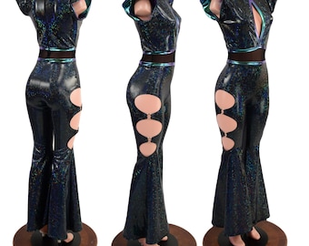 Black Kaleidoscope Catsuit w/ Keyhole, Black Mesh waistband, solar flare legs.  Flip Sleeves, back zipper, Oring Cutouts and Scarab trim EMK