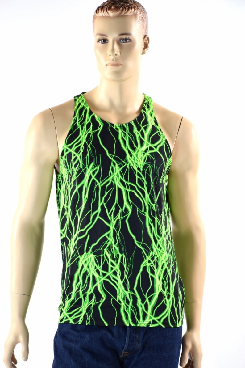 Mens Neon UV Glow Green Lightning Muscle Shirt Mens Rave or Festival Shirt 152321